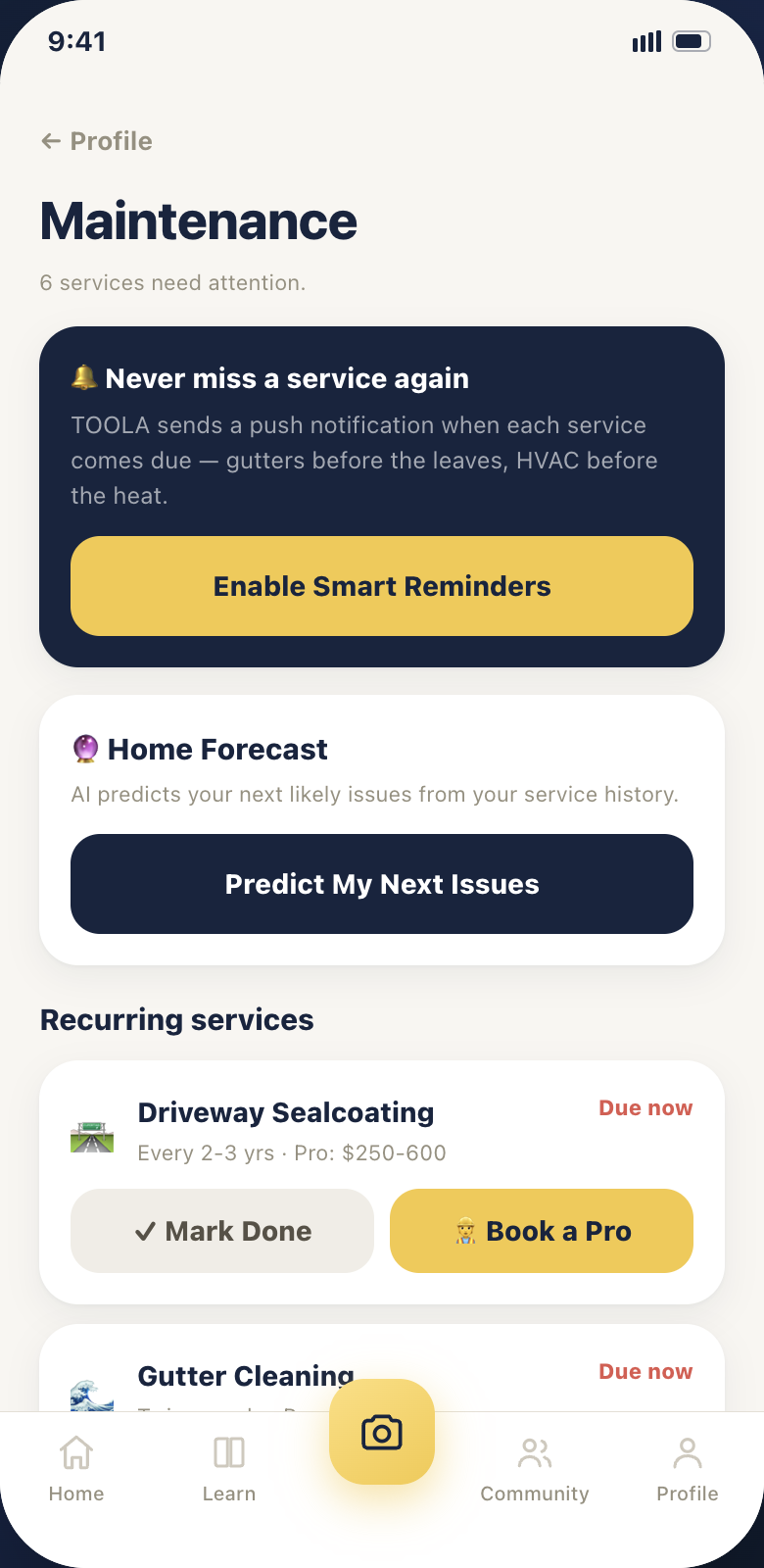 TOOLA maintenance screen with recurring services and Home Forecast