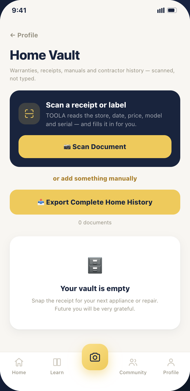 TOOLA Home Vault screen for scanned receipts and warranties