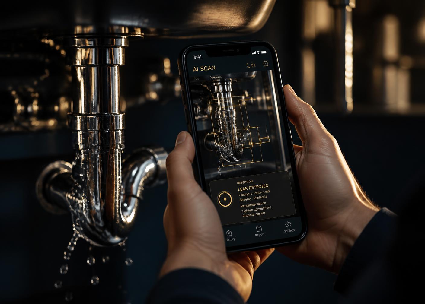 Homeowner scanning a leaking faucet with the TOOLA app