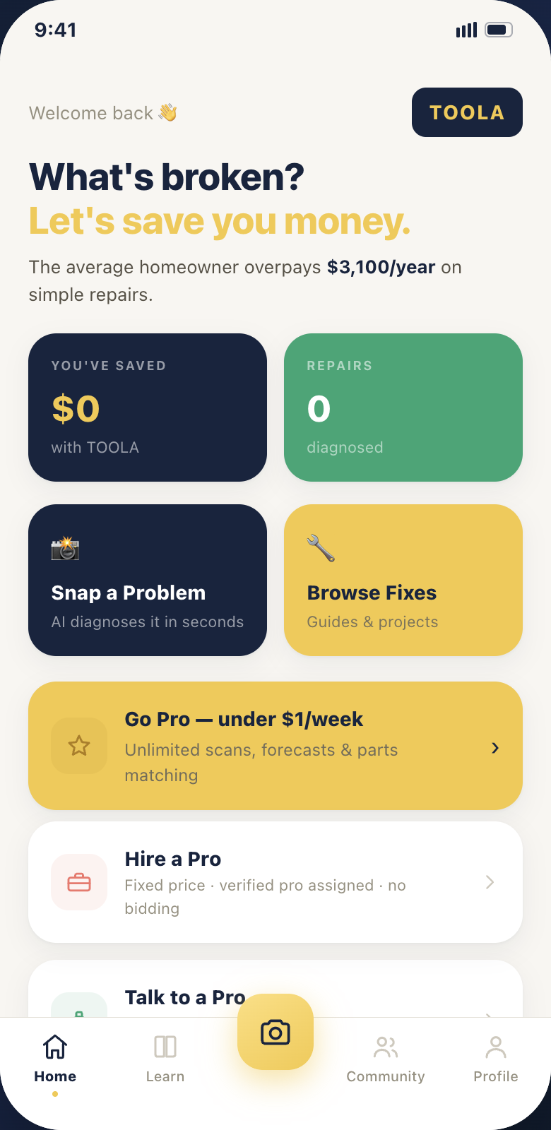 TOOLA app home screen with AI repair diagnosis and savings tracker