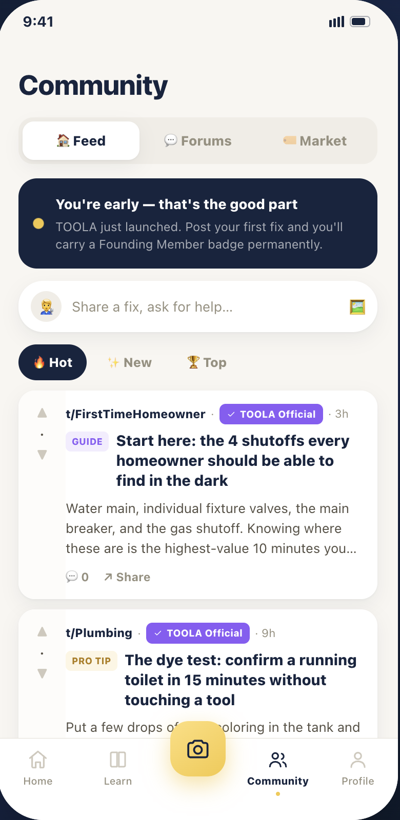 TOOLA community feed with homeowner guides and pro tips